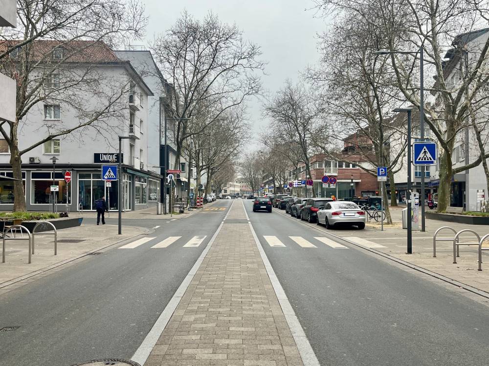 Eine gerade verlaufende, gepflasterte Mittelinsel trennt eine zweispurige Straße in Mainz. Auf beiden Straßenseiten befinden sich Zebrastreifen, die die Mittelinsel mit den Gehwegen verbinden. Links und rechts der Straße sind parkende Autos zu sehen, dahinter stehen mehrstöckige Gebäude mit Geschäften, darunter ein Laden mit dem Schriftzug 'UNIQUE'. Auf beiden Seiten der Straße sind Verkehrsschilder mit dem Symbol für Fußgängerüberwege angebracht. Die Bäume entlang der Straße sind kahl, was auf eine Jahreszeit im Spätwinter oder frühen Frühling schließen lässt. Eine Person steht auf dem linken Gehweg nahe dem Zebrastreifen.
